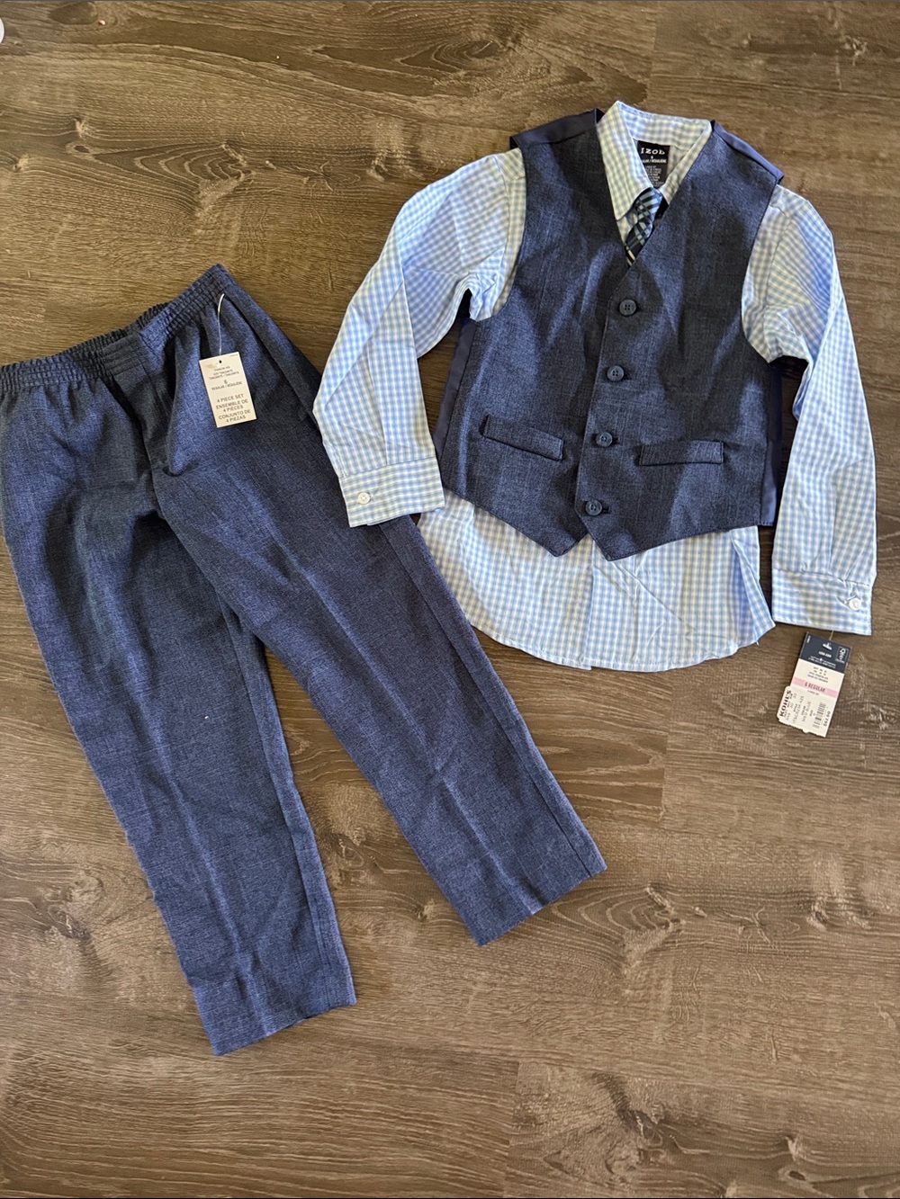 3 piece Suit Light Blue Shirt with Navy Vest, Blue Striped Tie, and Pants